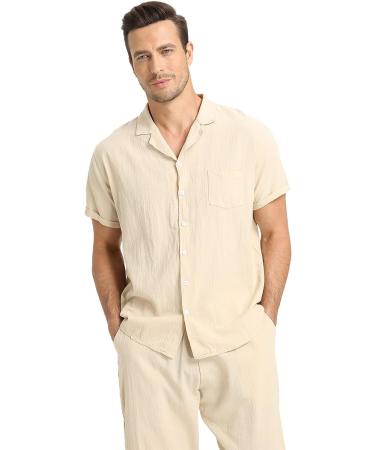 Men's Linen Shirt and Pants Set for Beach Weddings and Yoga - 2 Piece Short Sleeve Outfit - Buy Online on GoSupps.com