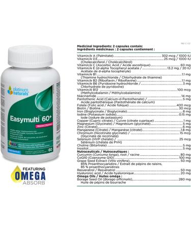 Platinum Naturals Easymulti 60+ for Women 60 Capsules - Comprehensive Multivitamin with CoQ10 Omega & Fish Oil for Heart Health Enhanced with Calcium Vitamin D3 & B Complex for Immune Support 60 count (Pack of 1) - Buy Online on GoSupps.com
