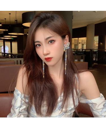 Xerling Rhinestone Butterfly Tassel Earrings - Bling Crystal Chain Studs for Women | Statement Bridal & Prom Jewelry - Buy Online on GoSupps.com