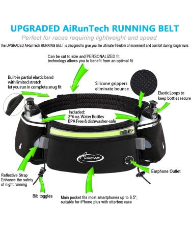 AiRunTech Hydration Running Belt - Zero Bounce Design for Running, Triathlon, Marathon - Fits Most Smartphones - Includes 2*6 oz Bottles (BK+GN) - Buy Online on GoSupps.com