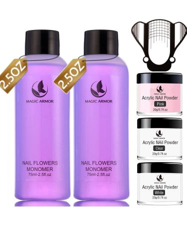 MAGIC ARMOR Acrylic Liquid Monomer and Acrylic Powder Set - 3 Colors Acrylic Powder Clear Pink White Professional Acrylic Monomer Liquid 5oz Acrylic Nail System For Acrylic Nails Extension Kit 75ml*2+3 color