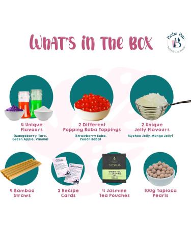 Boba Bar London | Coral Reef Mixed Bubble Tea Kit | 4 Mixed Tea Flavours | 4 Boba & Jelly Toppings | Tapioca Pearls | 4 Bamboo Straws | 4 Tea Bags | 2 Recipe Cards Boba Bar London | Coral Reef Mixed Bubble Tea Kit | 4 Mixed Tea Flavours | 4 Boba & Jelly T - Buy Online on GoSupps.com