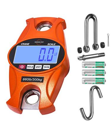 Digital Hanging Scale 660 LB 300 KG Cast Aluminum Case - Heavy Duty Waterproof Fish Scale - Portable Crane Scale for Luggage Weight Suitcase Hunting Farm Bow Fishing Scale Heavy Duty Orange