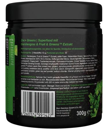 ZEC+ Nutrition Greens Superfood Drink | Micronutrient-Rich Fruit & Veg | Barley Grass Spirulina Chlorella Acerola Powder | 300g - Boost Your Health! - Buy Online on GoSupps.com