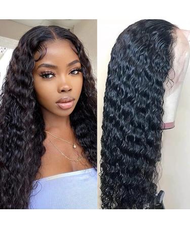 ISEE Hair Transparent Water Wave Lace Front Wigs Human Hair Pre Plucked 26 Inch 150% Density Brazilian 13x4 Lace Closure Deep Curly Wave Human Hair Wigs for Black Women Natural Black 26 Inch (Pack of 1) 13*4 Lace Front Wig
