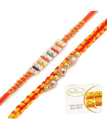 Ghasitaram Gifts Rakhi for Brother Rakhis Online - Set of 2 Glittering Thread and Multicolour Stone Premium Rakhis with 400 GMS of Besan Barfi