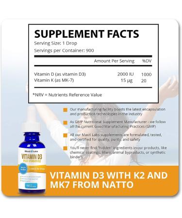 Vitamin D3 K2 Liquid Drops 2000 IU Per Drop - Natural Vegan Formula for Adults & Kids - 900 Doses - 1 oz Dropper Bottle - Buy Online on GoSupps.com
