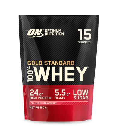 Optimum Nutrition Gold Standard 100% Whey Muscle Building And Recovery Protein Powder With Naturally Occurring Glutamine And BCAA Amino Acids Delicious Strawberry Flavor 15 Servings 450 G