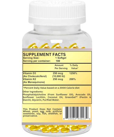 Nikoni Liposomal Vitamin D3 10000 IU, Vitamin K2 (MK-7) 250 mcg, Infused with Coconut & Avacado Oil, Easy to Swallow, Supports Calcium Absorption, Bone Health, 180 Vegan Softgels - Buy Online on GoSupps.com
