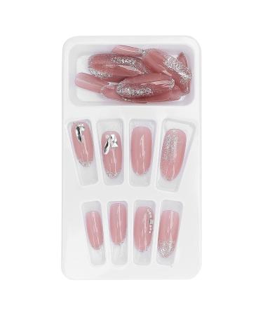 24PC Matte & Sparkle Long Almond Press-On Fake Nails - Full Cover Coffin Tips for Women - Buy Online on GoSupps.com