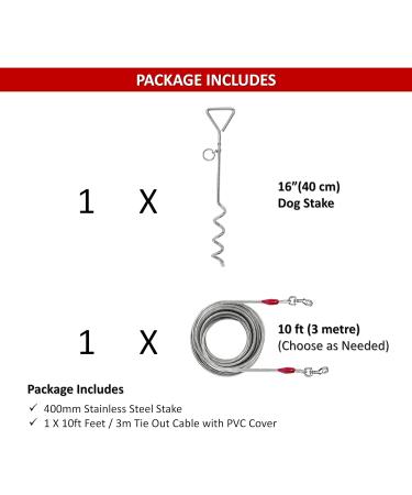 10ft 3m Dog Tie Out Cable with 16" 40cm Heavy Duty Steel Spiral Ground Spike Stake Dog Chains for outside Dog Tether Outdoor Dog Camping Tie Out Dog Lead Hook Leash for Dogs (Spiral 3m (10ft)) Spiral 3m (10ft) - Buy Online on GoSupps.com