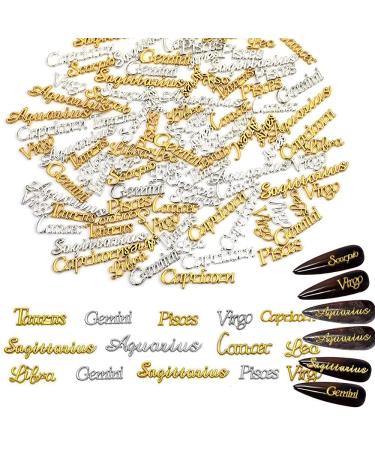 MILIUS Zodiac Nail Charms  96pcs Twelve Constellation Charms Set  Alloy Word Message Nail Charms in 12 Styles  12 Constellations Designer Charms Word Pendant for Nail Art Decoration (Gold  Silver) Gold Golden Silver