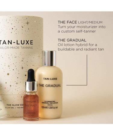Tan-Luxe The Glow Edit | Containing Travel Sized The Gradual Self-Tan Lotion 100ml & The Face Mini Self-Tanning Drops in Shade Light/Medium 10ml - Buy Online on GoSupps.com