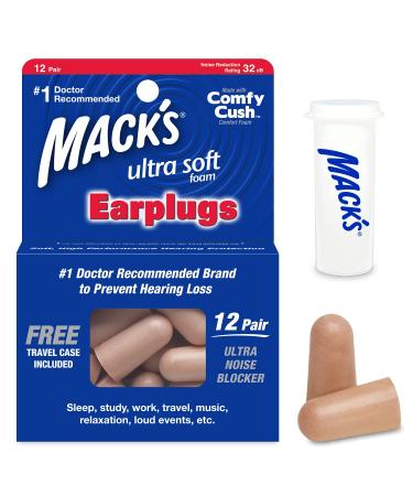 Mack's Ultra Soft Foam Earplugs 12 Pair - 32dB Highest NRR Comfortable Ear Plugs for Sleeping Snoring Travel Concerts Studying Loud Noise Work | Made in USA