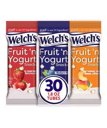 Welch's Fruit Snacks Fruit 'n Yogurt Varitey Pack Strawberry Blueberry Acai & Mango Peach Gluten Free Bulk Pack Individual Single Serve 1.8 oz Bags (Pack of 30)