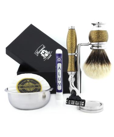 Haryali London 6Pc Mens Shaving Kit 3 Edge Razor Silver Tip Badger Hair Brush Bowl Stand Soap and Alum Perfect Set For Men Gold Antique