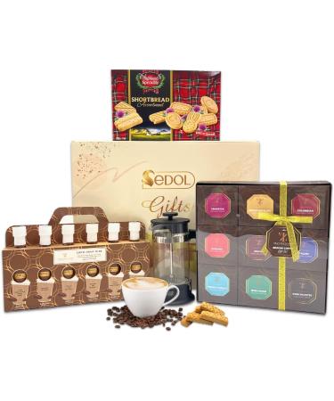 Coffee Gift Set Hamper - Flavoured Ground Coffee Medium-Dark Roasted Flavoured Coffee Syrup Shortbread & French Press Coffee Maker - Christmas Hamper Gift for Coffee Lover - Gifts for Him and Her Variety Ground Coffee Hamper - Buy Online on GoSupps.com