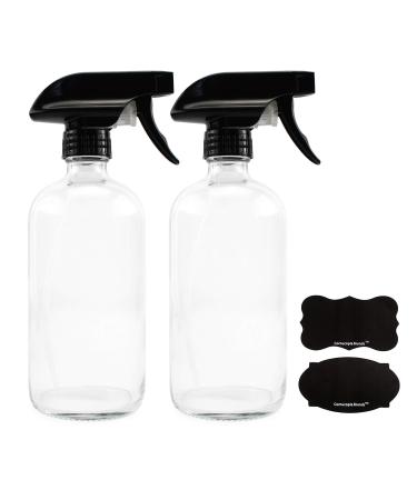 Cornucopia 16oz Clear Glass Spray Bottles w/Chalk Labels (2 Pack) Boston Round Bottles with 3-Setting Adjustable Heavy Duty Sprayers