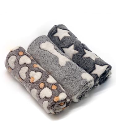 1 Pack 3 Puppy Blankets Super Soft Warm Sleep Mat Grey Cute Print Blanket Fluffy Fleece Pet Blanket Flannel Throw Dog Blankets for Small Dogs Puppy Dogs Fluffy Cats,Star&Bone&Love-Small(23"x15") Small(23"x15") Bone/Love/Star