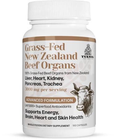 TURNER New Zealand 100% Live-Grass-Fed Beef Organs Complex Supports Whole Body Wellness and Energy with a Powerful Blend of Liver Heart Kidney Pancreas & Trachea Non-GMO 3000mg 180 Capsules