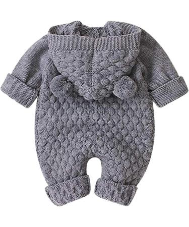 Knitted Hooded Romper Bodysuit Onesie | Baby Boy Girl Clothes | Long Sleeve Jumpsuit | Fall Winter | 6-12 Months | Gray-Hairball - Buy Online on GoSupps.com