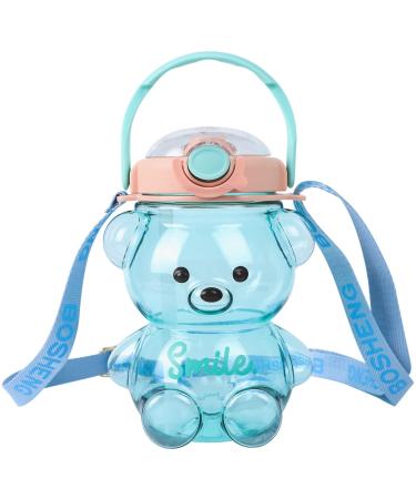Kawaii Bear Straw Bottle Large capacity bear water bottle with Strap and Straw   Cute Portable Bear shaped water Bottle Adjustable Removable Strap for outdoor and school activities(blue)