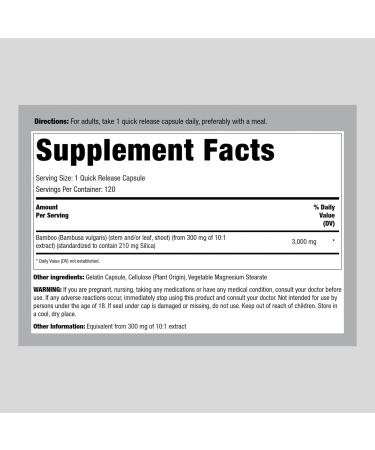 Piping Rock Bamboo Extract 3000mg | 120 Capsules Herbal Supplement | Non-GMO & Gluten-Free - Buy Online on GoSupps.com