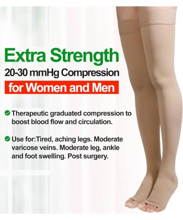 Thigh High Compression Stockings Open Toe Pair 20-30mmHg Firm Support | Silicone Band, Unisex, Opaque | Best for Spider & Varicose Veins, Edema, Swelling | Beige, Size Small - Buy Online on GoSupps.com