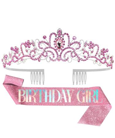 Pedenty Birthday Crown Tiara & Sash Set for Girls & Women - Pink Rhinestone Metal Crown & Glitter Sash - Birthday Girl Gifts & Accessories - Buy Online on GoSupps.com