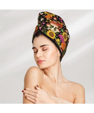 Hair Towel Wrap - Quick Drying Hair Turban with Button | Sunflowers & Mushrooms Design - Buy Online on GoSupps.com