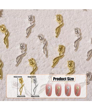 Tulip Nail Charms 60PCS Rose Flower Metal Nail Gems Studs Gold Silver Nail Art Decorations Ornaments for Nail Design Supplies Jewelry Accessories (Gold Silver) - Buy Online on GoSupps.com