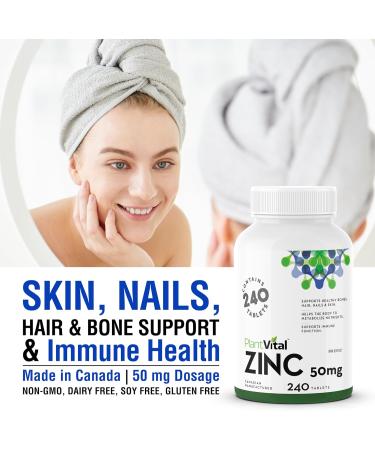 PlantVital Zinc Supplements 50mg (240 Count) - Immune Support Healthy Bones Hair Nail and Skin with Zinc Gluconate 50mg - Made in Canada - Additive-Free - 480 Zinc Tablets 240 count (Pack of 2) - Buy Online on GoSupps.com