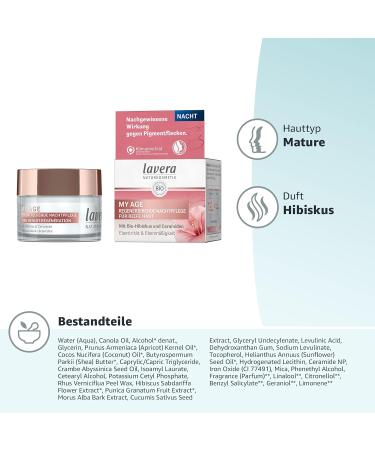 Lavera My Age Regenerating Night Care Cream - Organic Vegan Night Cream with Bio-Hibiscus & Ceramides for Ripe Skin - Reduces Pigment Spots - 50ml - Buy Online on GoSupps.com