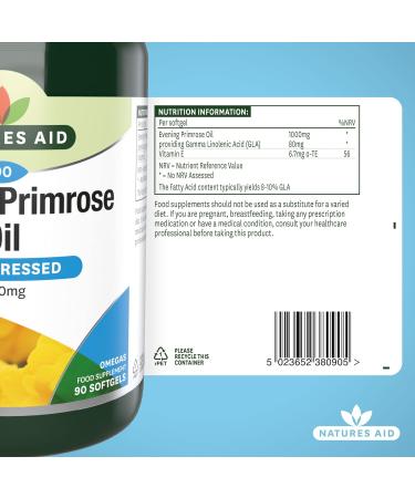Natures Aid Evening Primrose Oil 1000mg 90 Capsules | Pregnancy Support with Natural Vitamin E | Gelatin Capsules with Bovine Glycerine | 90 Count - Buy Online on GoSupps.com