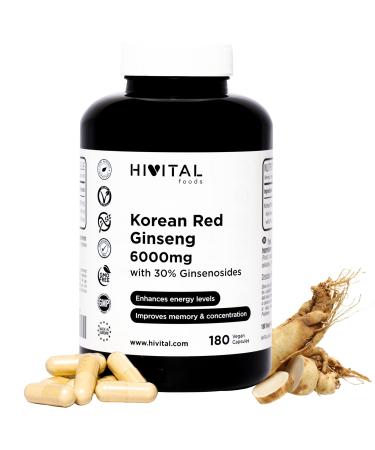 Korean Red Ginseng 6000mg. 180 Vegan Capsules for 6 Months. With 30% Ginsenosides per capsule. Increases Energy Levels Improves Concentration Memory & Athletic Endurance
