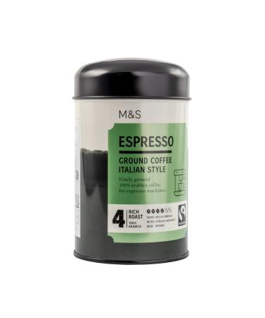 M&S Marks & Spencer Espresso Ground Coffee in Tin Italian Style 100% Arabica Strength 4 Finely Ground For Espresso Machines 250g