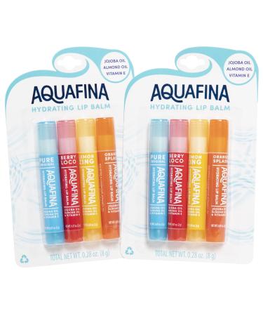 Aquafina Hydrating Lip Balm (2) 4-Packs Jojoba & Almond Oils Vit. E New Flavors (Lemon Zing Orange Splash Berry Loco Pure Original) Total of 8 sticks Lip Ointment Healing Therapy for Lips
