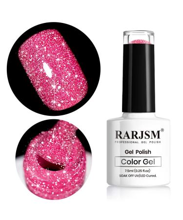 RARJSM Pink Gel Nail Polish, 7.5ml 0.25Floz Reflective Gel Polish Glitter Gel Nail Polish Summer Candy Collection Diamond Shimmer Neon Pink Nail Gel for Starter Nail DIY at Home UV LED Lamp Required RAR270