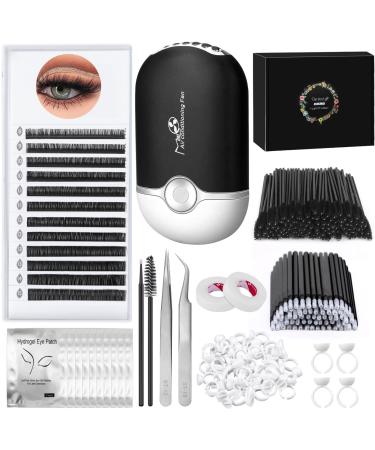 230PCS Eyelash Extension Supplies Kit with Fairy Lash Clusters 0.07D Curl Mix 8-15mm, USB Air Conditioning Blower, Lash Tweezers, Eye Gel Pads, Mascara Brushes, Micro Applicators Brushes for Beginners Black