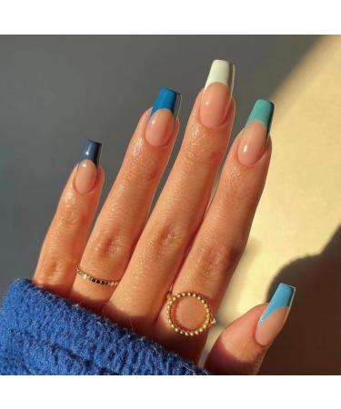 JUSTOTRY 24 Pcs Multicolour Fake Nails Medium Rainbow French Press on Nails Patterns Trendy Ballerina Stick on Nails for Women Acrylic Coffin False Nails Long with Glue for Nail Art Rainbow & Square1