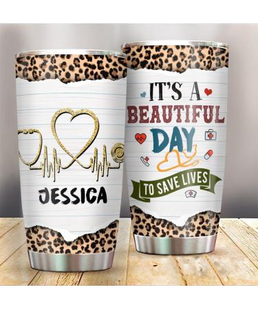 Personalized Tumbler For Nurse From Coworkers Nurse Gifts Stethoscope Leopard Theme Beautiful Day Custom Name Stainless Steel 20 Oz Travel Cup For Nurse's Day Birthday Variation 1
