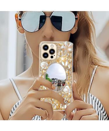 Cavdycidy Designer iPhone 13 Pro Max Mirror Case with Bling Gemstone - Gold Gems | Luxury 3D Glitter Sparkle Diamond Phone Case for Women - Buy Online on GoSupps.com