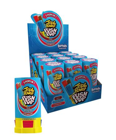 Triple Power Push Pop 3 Flavors in 1 Lollipop - Cola - Strawberry - Raspberry - Individually Wrapped Lollipop | American Candy - 12 Packs