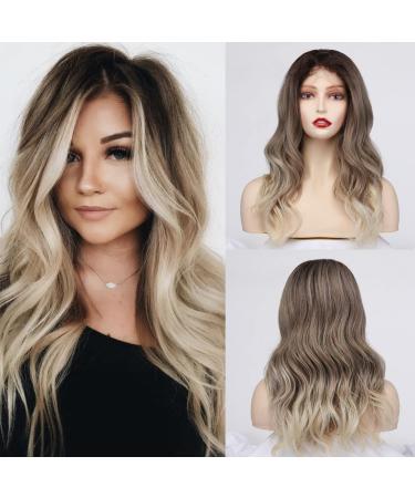BESTUNG Long Brown Lace Front Glueless Wig for Women Dark Roots Ombre Blonde 24 Inch Natural Hair Wavy Synthetic Wigs Middle Part Daily Hair 24" black ombre brown