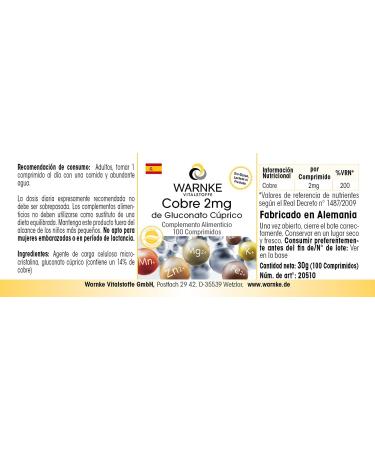 Copper 2mg Vegan Tablets - 100 Count | Copper Gluconate Supplement Without Magnesium Stearate by Warnke Vitalstoffe - Buy Online on GoSupps.com