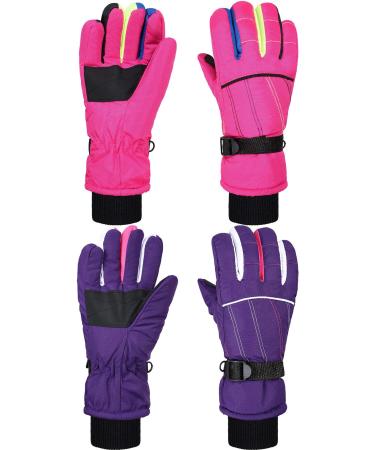 2 Pairs Kids Mittens Children Winter Snow Waterproof Thick Warm Windproof Gloves for Girls Boys Purple and Pink Stripe Style 5 - 8 Years