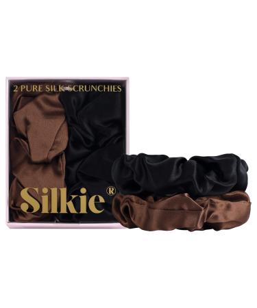 SILKIE x2 Set 100% Pure Mulberry Silk Cream Coffee Black Large Oversized Scrunchies Silk Travel Pouch Hair Ties Elastics Hair Care Premium Ponytail Holder No Damage Cocoa