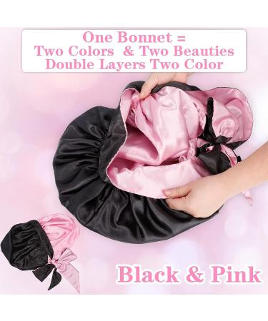 Jumbo Reversible Silk Satin Bonnet for Black Women - Adjustable Extra Large Night Cap for Braids and Curly Hair - Black Pink - Buy Online on GoSupps.com