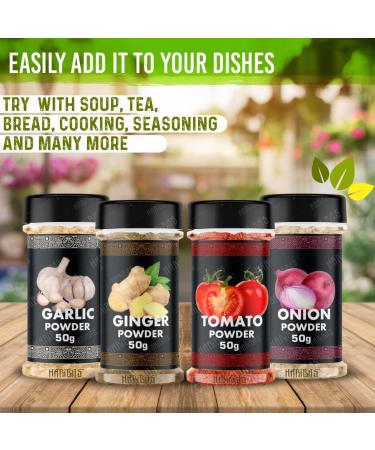 HARIBASS_pure Organic Combo Dry Onion Powder Garlic Powder Ginger Powder (Adrak/Sunth) and Tomato Powder 50gm Each | For Cooking & Baking | Gluten Free Seasoning - Buy Online on GoSupps.com