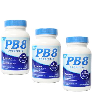 PB8 Probiotic - 3 Pack - 120 Capsules Per Bottle - Supports Digestive Health - 14 Billion CFU - 8 Beneficial Strains - No Milk Gluten or Soy